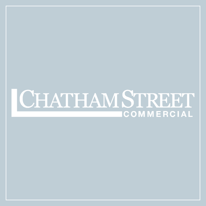 Chatham Street Commercial Logo - White serif type over white sans-serif type on blue background