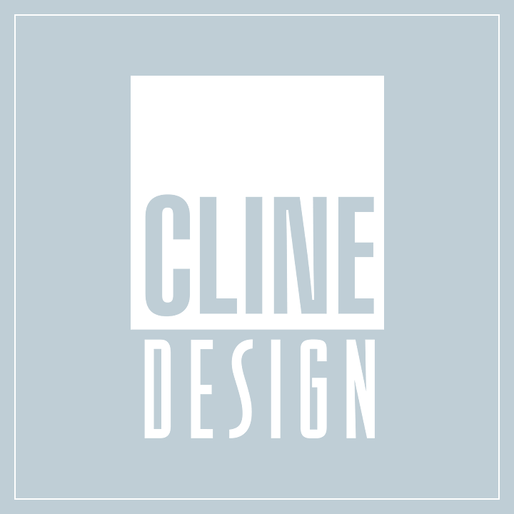 Cline Design Logo - Reversed out sans-serif type in white box over white sans-serif type on blue background