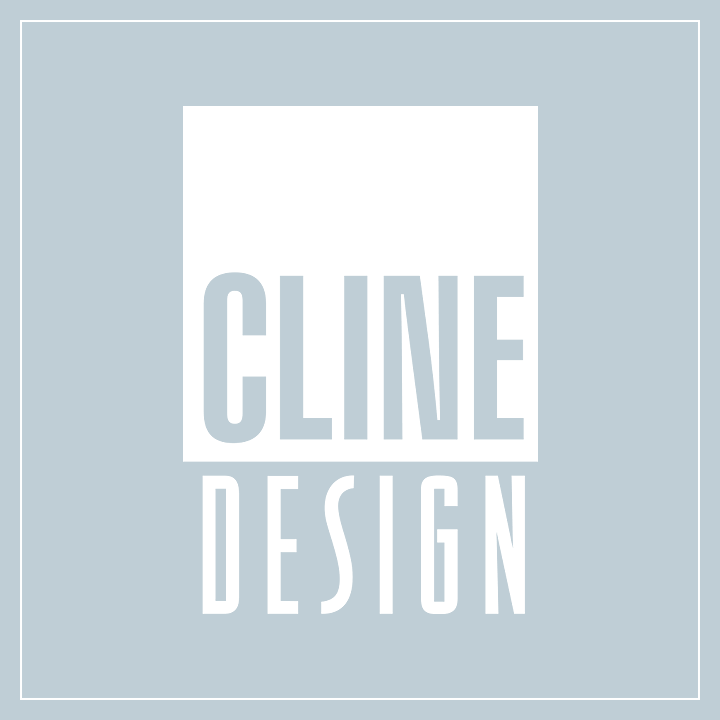 Cline Design Logo Cline Design Logo - Reversed out sans-serif type in white box over white sans-serif type on blue background