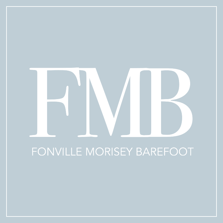 Fonville Morisey Barefoot Logo - Serif white type over white sans-serif type on blue background