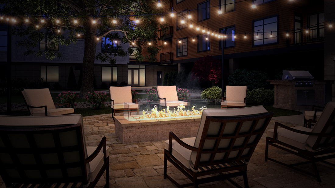 Evening Chatham Walk Exterior Amenities Rendering of outdoor fireplace